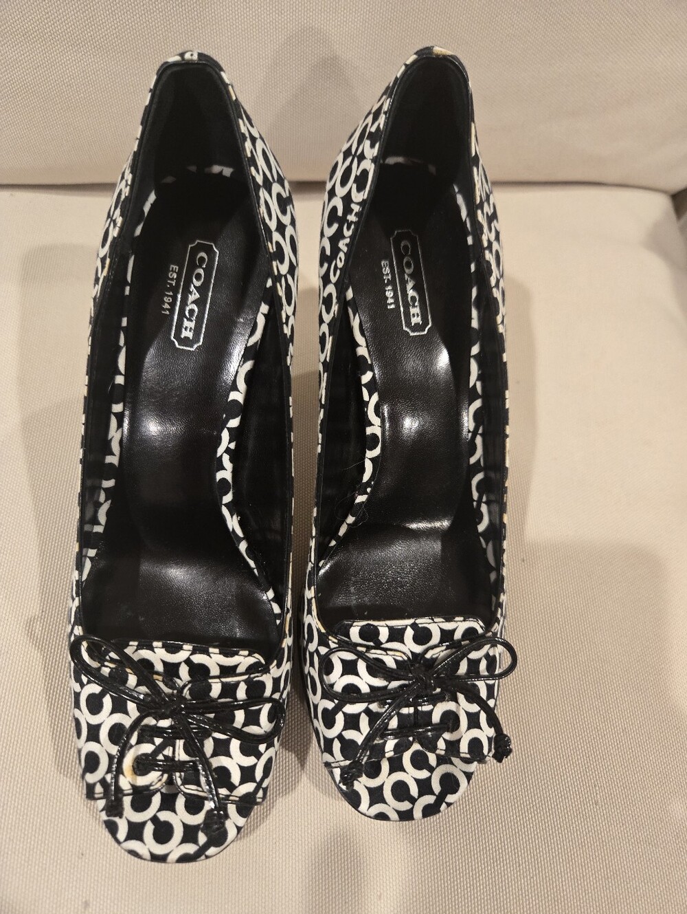 Coach Black & White Signature Peep-Toe Heels with Bow Detail NWT